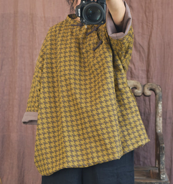 Women's Retro Houndstooth Quilted Warm Cotton Linen Coat