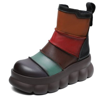 Women Vintage Color Block Platform Leather Short Boots