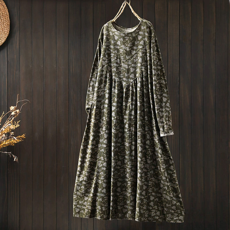 Women Spring Retro Cotton-Linen Printed Floral A-Line Dress