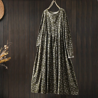 Women Spring Retro Cotton-Linen Printed Floral A-Line Dress