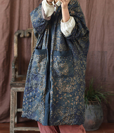 Warm Cozy Thick Vintage Bohemian Floral Quilted Long Cotton Linen Coat