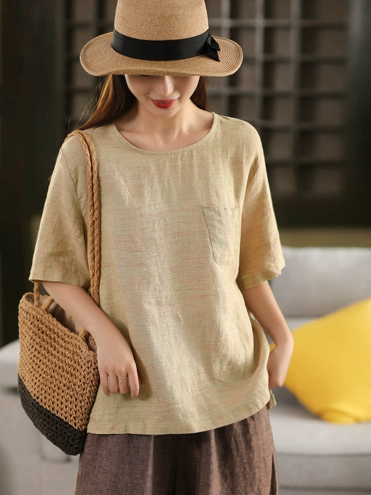 Women Vintage Casual Linen Loose Fit Short Sleeve Pullover Shirt