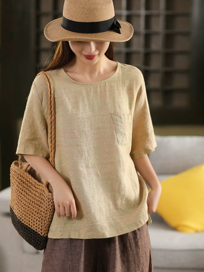 Women Vintage Casual Linen Loose Fit Short Sleeve Pullover Shirt