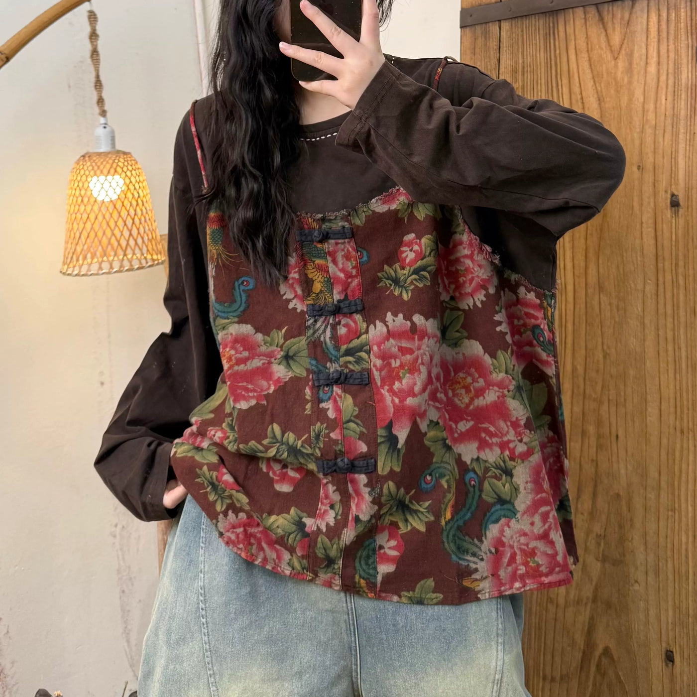 Women Spring Retro Cotton Printed Floral Loose Vest