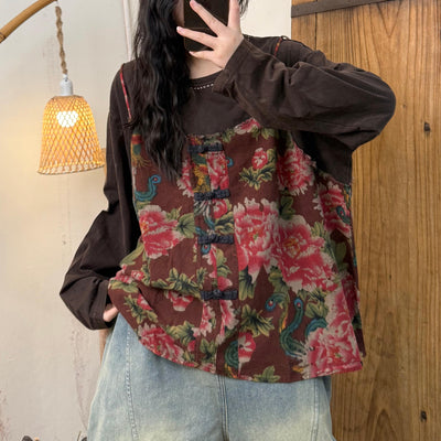 Women Spring Retro Cotton Printed Floral Loose Vest