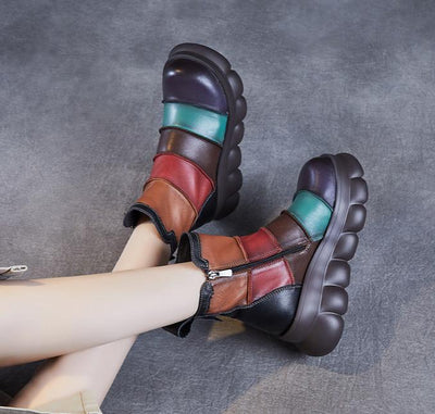 Women Vintage Color Block Platform Leather Short Boots