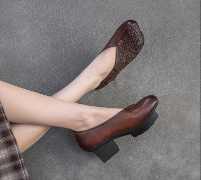 Ladies Vintage Floral Embossed Leather Block Heel Shoes