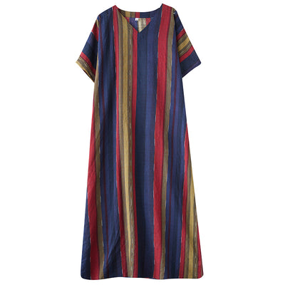 Women Spring Vintage Cotton-Linen Striped Loose Long Dress
