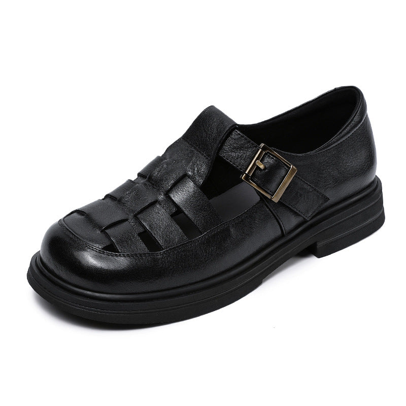 Babakud Women Spring Genuine Leather Hollow-Out Round-Toe Flat Sandals