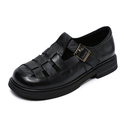 Babakud Women Spring Genuine Leather Hollow-Out Round-Toe Flat Sandals