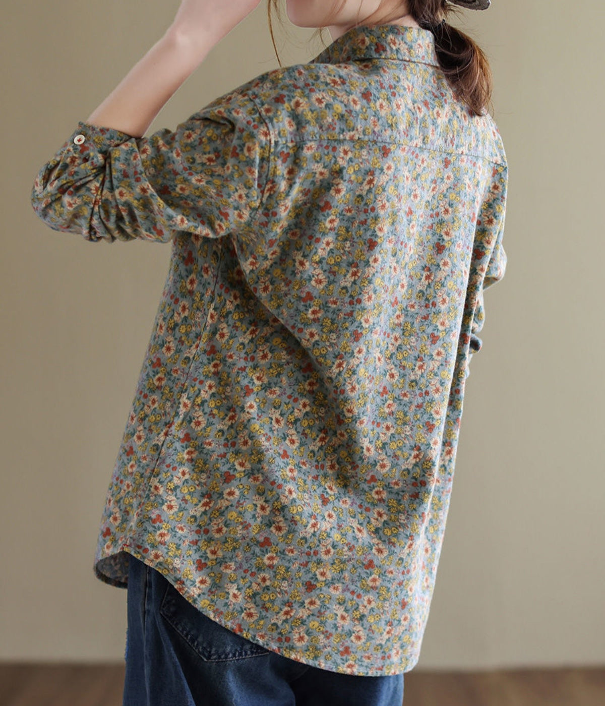 Women Spring Retro Floral Long-Sleeved Cotton Linen Shirts