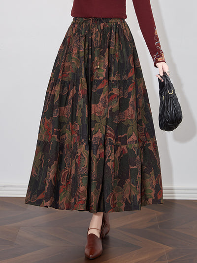 Babakud Autumn Retro Cotton Printed Loose A-Line Skirt
