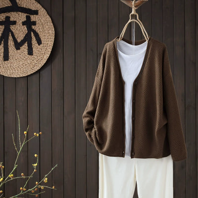 Retro Autumn Cotton Knitted V-Neck Casual Solid Color Cardigans