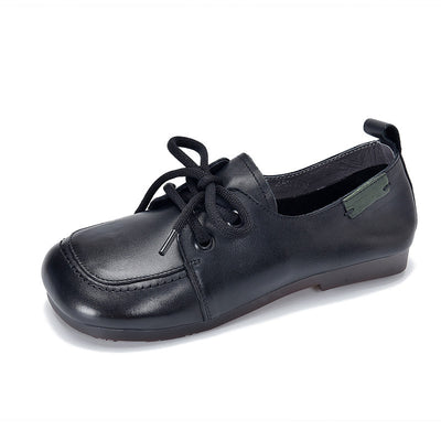 Women Spring Retro Style Soft Cowhide Lace Up Flat Shoes