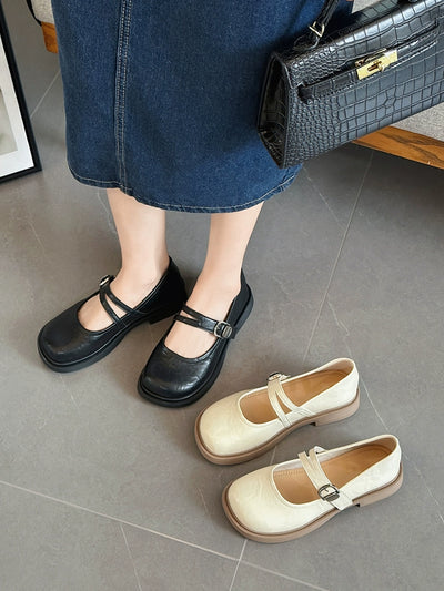 Retro Leather Wide Round Toe Plus Size Double Straped Shoes