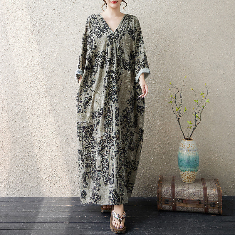 Autumn Retro Cotton Linen V-Neck Printed Loose Dress