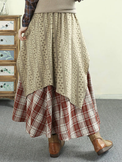 Women Spring Artistic Lace and Plaid Cotton Fashion Skirt