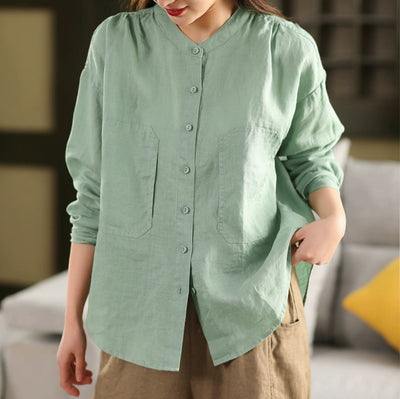 Women Spring Casual Loose Single-Breasted Ramie Shirt