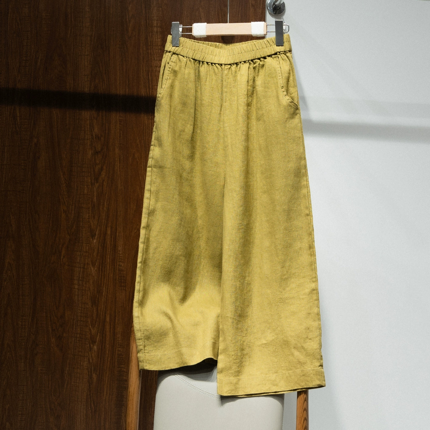 Women High Waist Linen Wide Leg Pants Loose Fit Cropped Trousers