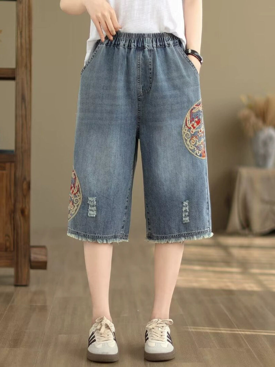 Women Summer Denim Embroidered Casual Loose Shorts