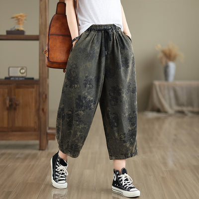 Women Spring Retro Denim Printed Floral Harem Pants