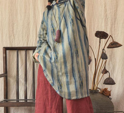 Vintage Asymmetric Front Striped Cotton Linen Dress for Women
