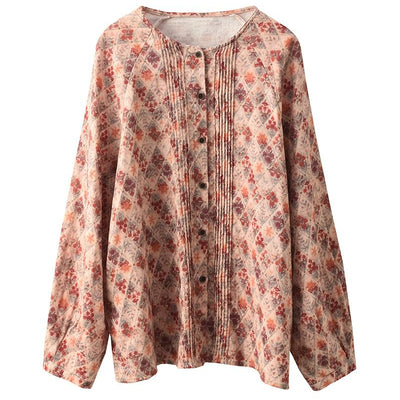 Women Spring Retro Cotton Printed Long Sleeve Casual Shirt
