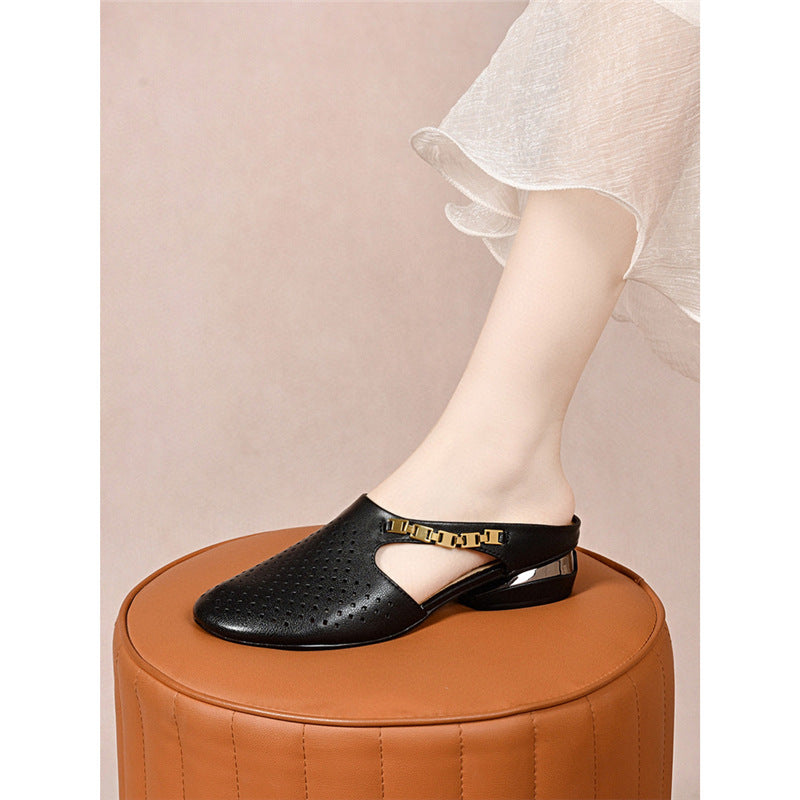 Retro Leather Hollow Cut Out Closed Toe Slip-On Flats