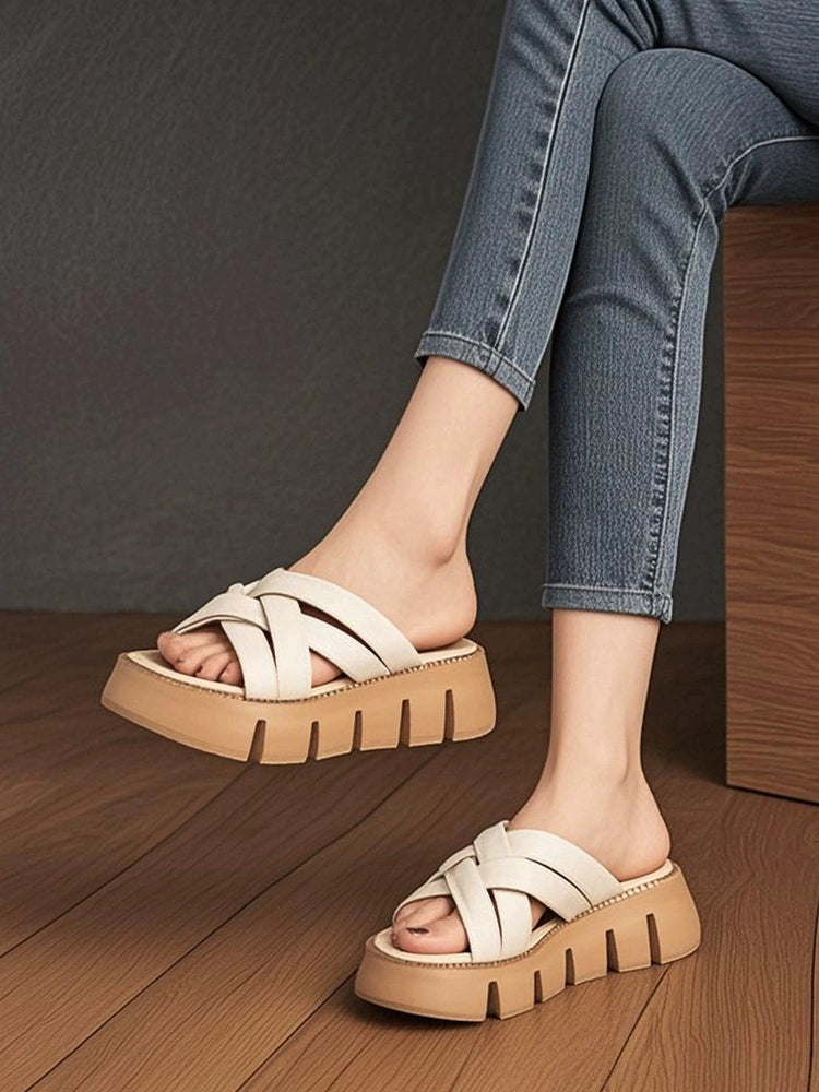 Summer Leather Cool Woven Thick Flat Sole Slippers