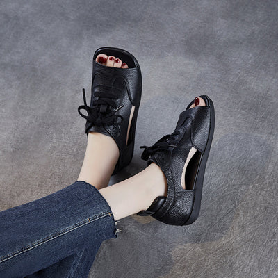 Women Summer Retro Genuine Leather Flat Soft Sole Lace-Up Sandals