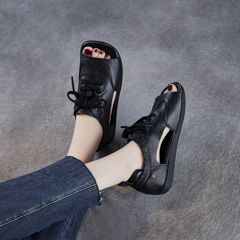 Summer Retro Leather Open Toe Soft Flat Sole Lace-Up Sandals