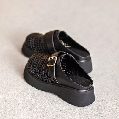 Ladies Casual Breathable Platform Sheepskin Woven Retro Slippers