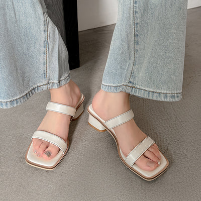 Women Elegant Leather Versatile One Strap Chunky Slippers