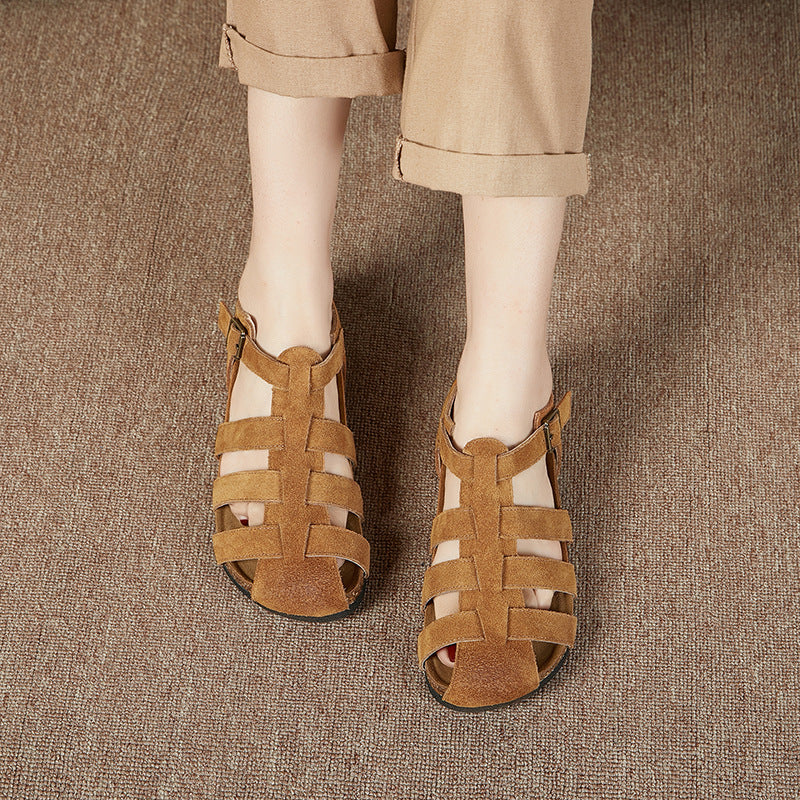 Women Summer Retro Closed Toe Leather Soft Sole Sandals