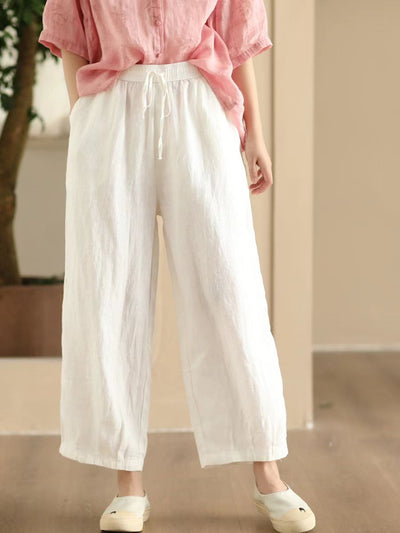 Women Comfortable Linen Straight-Leg Elastic Waist Harem Pants