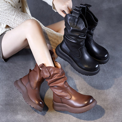 Babakud Autumn Top Leather Casual Round Toe Mid-Calf Boots