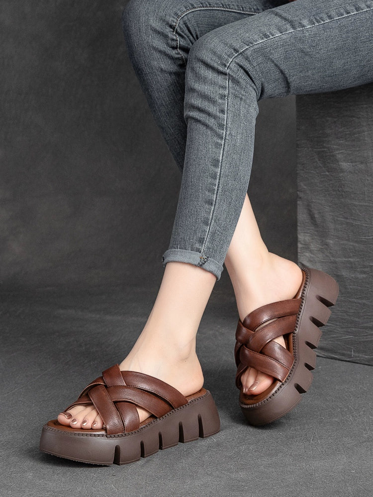 Summer Leather Cool Woven Thick Flat Sole Slippers