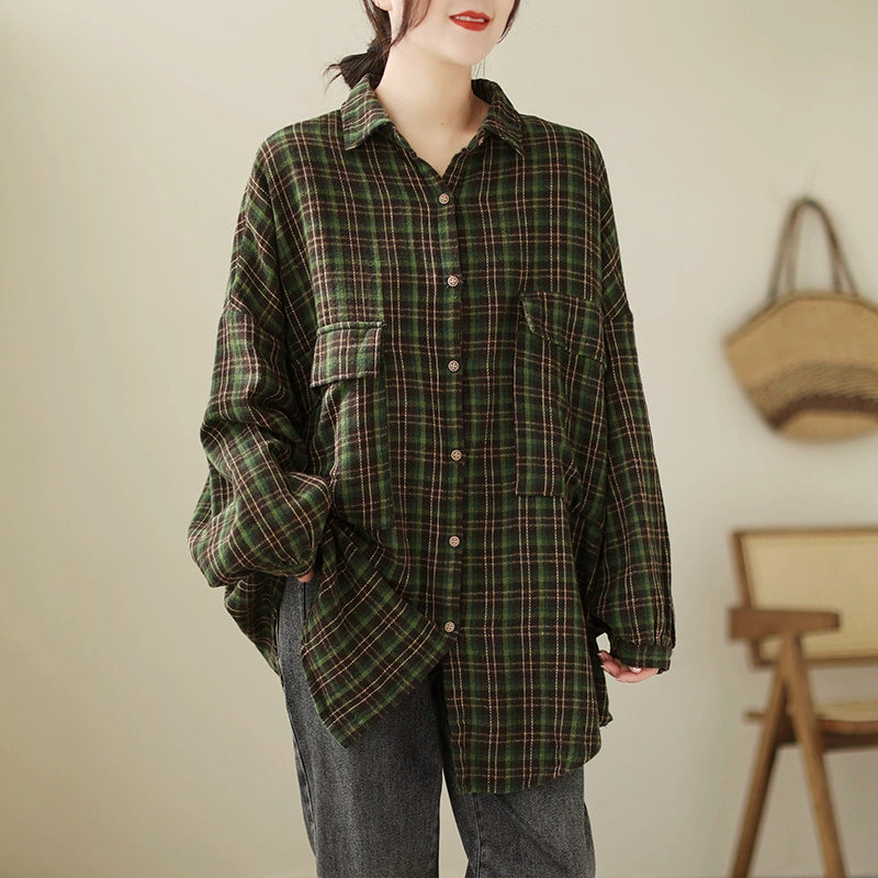 Plus Size Women Trendy Retro Spring Plaid Loose Cotton Shirt