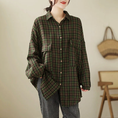 Plus Size Women Trendy Retro Spring Plaid Loose Cotton Shirt