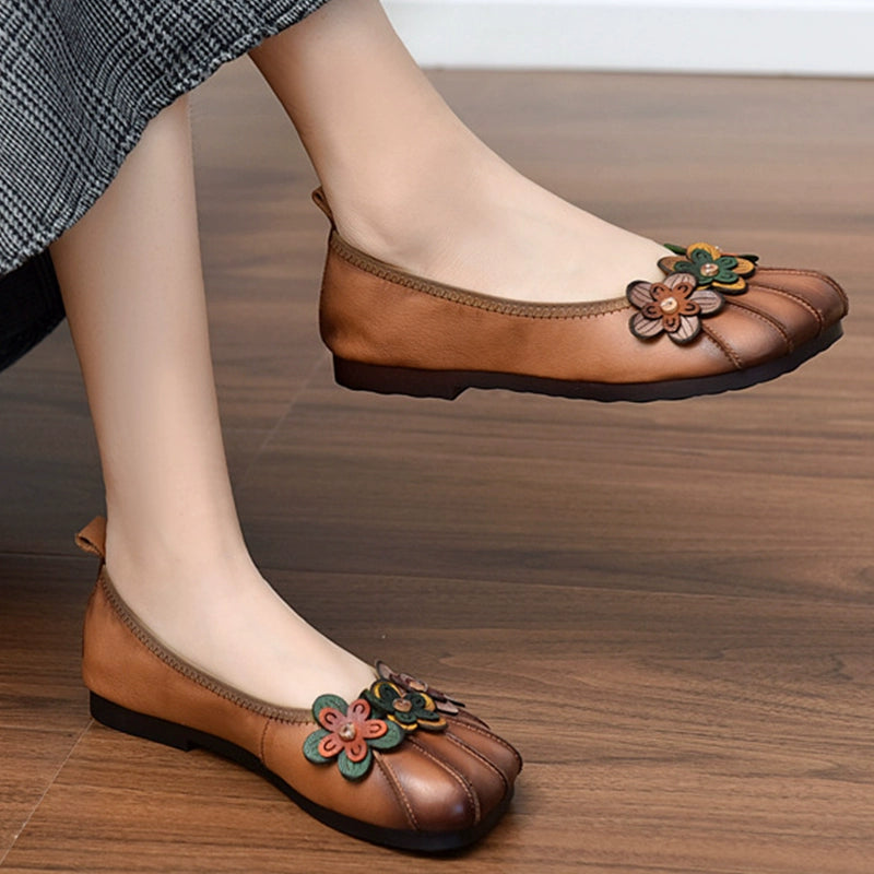 Babakud Women Spring Retro Blossom Handmade Leather Casual Shoes