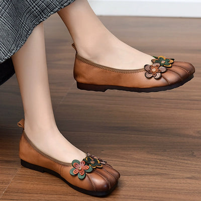 Babakud Women Spring Retro Blossom Handmade Leather Casual Shoes