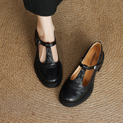 Retro Sheepskin Leather Round Toe One Straped Chunky Shoes