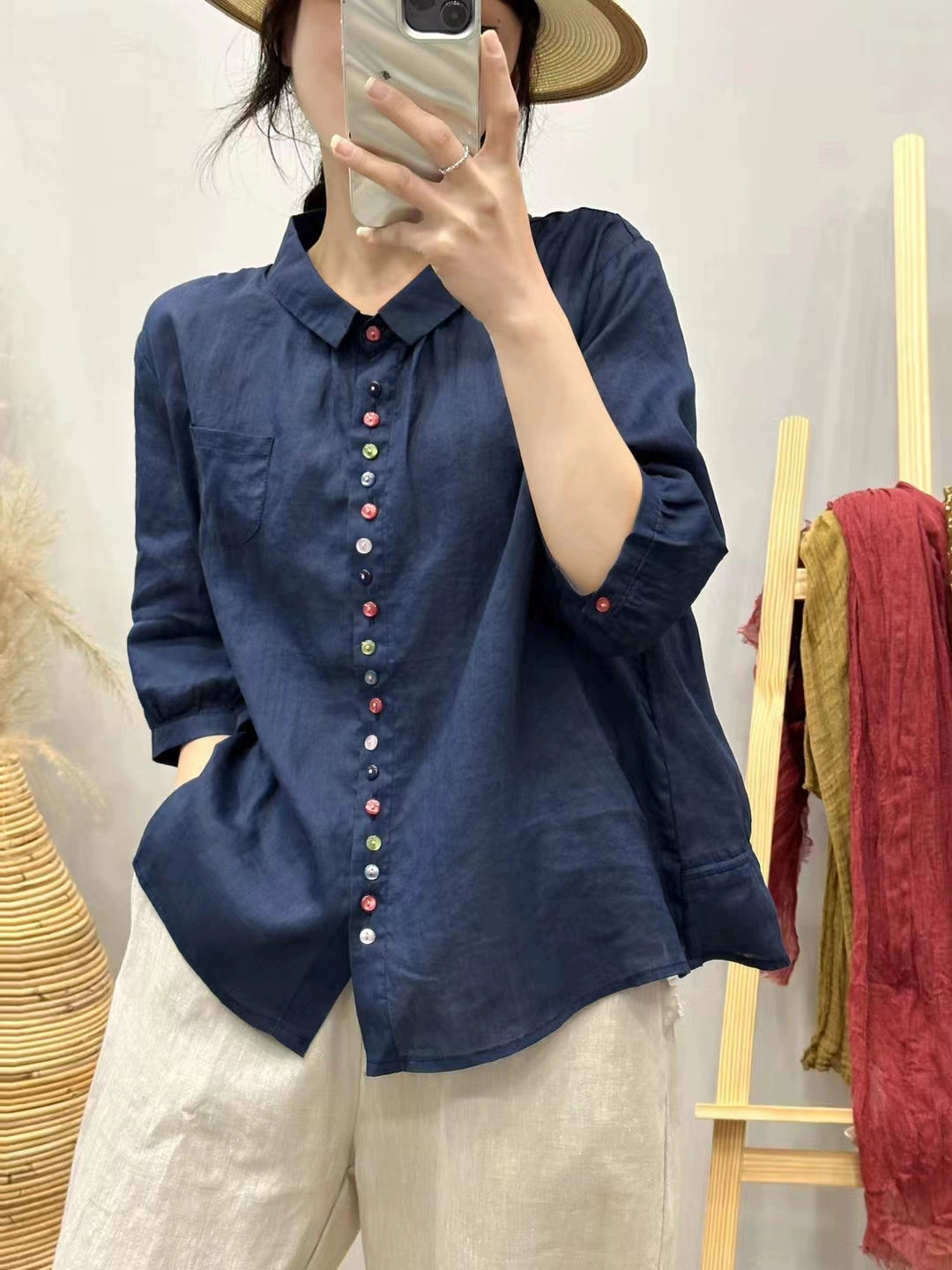 Summer Ramie Casual Versatile Colorful Button Loose Shirt