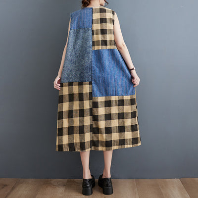 Retro Plaid Patchwork V-Neck Sleeveless Denim Midi Dress