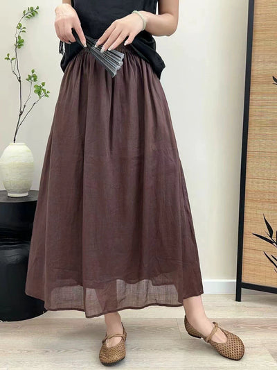 Summer Retro Ramie Elastic Waist Loose Solid Color Skirt