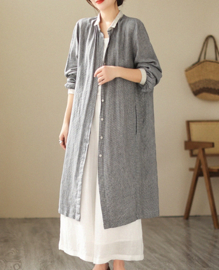 Women Casual Plus Size Houndstooth Plaid Linen Mid-Length Jacket