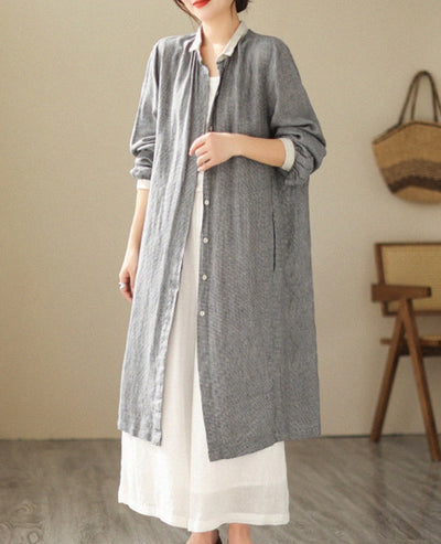 Women Casual Plus Size Houndstooth Plaid Linen Mid-Length Jacket