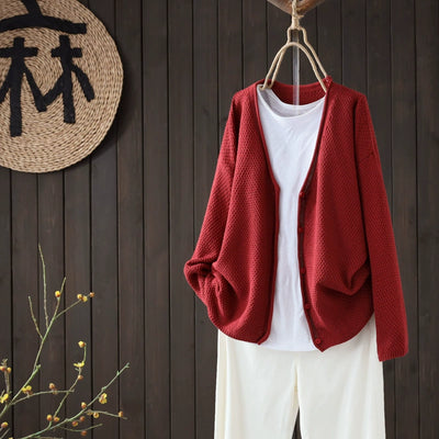 Retro Autumn Cotton Knitted V-Neck Casual Solid Color Cardigans