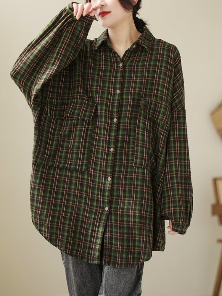 Plus Size Women Trendy Retro Spring Plaid Loose Cotton Shirt
