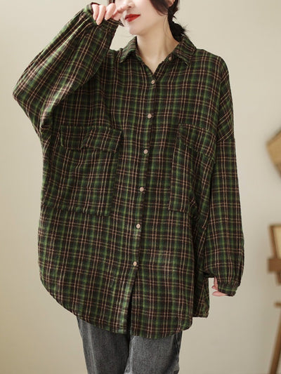 Plus Size Women Trendy Retro Spring Plaid Loose Cotton Shirt
